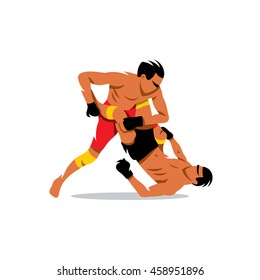 Martial Arts sign. Vector Cartoon Illustration. Two men fighting. Unusual Logo template isolated on a white background