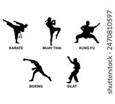 Martial arts silhouette karate, muay thai, kung fu, boxing and silat black and white