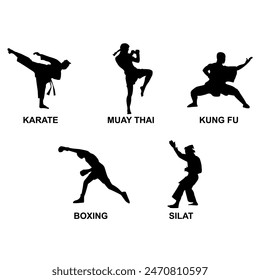 Martial arts silhouette karate, muay thai, kung fu, boxing and silat black and white