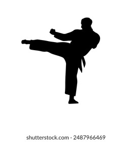 artes marciales, silueta de hombre pateando con la pierna izquierda vista trasera Vector