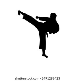 martial arts, silhouette of man kicking with right leg at head height vector