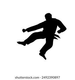 martial arts, silhouette of man kicking from top to bottom vector