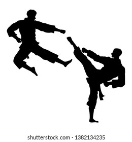 Martial arts, Silhouette of two male karate fighting on white background, Vector