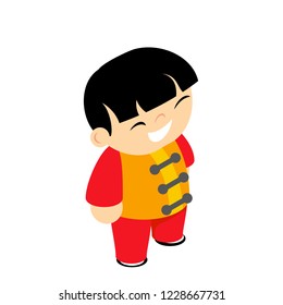 Martial arts silk wear costume  traditional kid chinese kungfu boy isometric child character icon flat design vector illustration