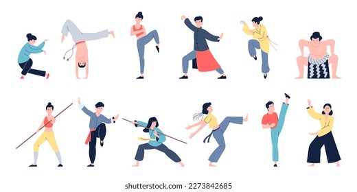 Martial arts sport characters. Taekwondo and karate, wushu training. People sporting in uniform, professional athletes workout, recent vector collection