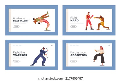 Martial Arts, Sport Competition Landing Page Template Set. Characters in Uniform Presenting Different Fighting. Karate, Sumo, Bojutsu, Boxing or Wrestling Combat. Cartoon People Vector Illustration