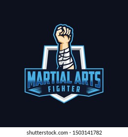 Martial Arts sport logo concept. Hand Fighter with Shield vector template. E Sport logo