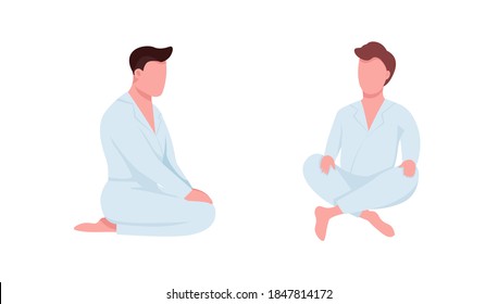 Martial arts students flat color vector faceless character set. Athlete sit in white robes. Karate class isolated cartoon illustration for web graphic design and animation collection