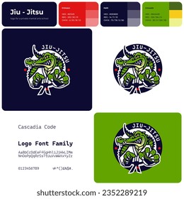 Martial arts studio filled colorful business logo. Jiu jitsu. Brand name. Alligator mascot. Design element. Visual identity. Cascadia code font used. Suitable for sports coach, training center