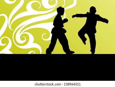 Martial arts tae kwon do combat fighters kicking and fighting active sport silhouettes vector background illustration