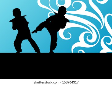 Martial arts tae kwon do combat fighters kicking and fighting active sport silhouettes vector background illustration