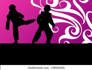 Martial arts tae kwon do combat fighters kicking and fighting active sport silhouettes vector background illustration