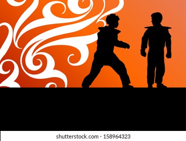 Martial arts tae kwon do combat fighters kicking and fighting active sport silhouettes vector background illustration