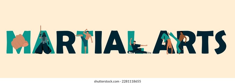 Martial arts text concept with practice and contest symbols flat vector illustration