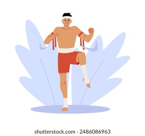 Artes marciales de Tailandia. Muay Thai. Pelea libre. Un hombre entrenando prácticas de uniformes en la calle. Pose de ataque. Fuerte atleta. Ilustración vectorial aislada sobre fondo blanco.