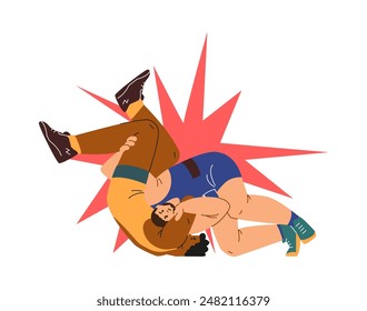 Martial arts theme: vector illustration of men arm wrestling and demonstrating dynamic sparring. Flat cartoon style on an isolated background, ideal for sports themed projects.