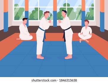 Martial arts training flat color vector illustration. Kung fu school. Taekwondo competition. Athlete prepare for fighting. Karate students 2D cartoon characters with dojo interior on background