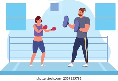 Martial arts training. Man couching woman to fight isolated on white background