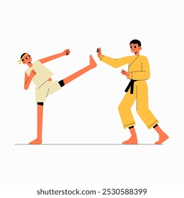 Treinamento de artes marciais com dois personagens masculinos em ilustração vetorial plana simbolizando autodefesa, disciplina e trabalho em equipe, isolado no fundo branco.