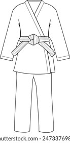 Martial arts uniform. Karate, Taekwondo, judo, jujitsu, kickboxing, or kung fu exercise outfit suit. Vector black and white coloring page.