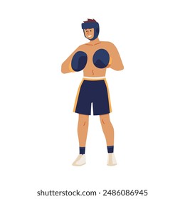 Martial arts. Vector illustration: an athlete in a boxing stance with wrestling gloves and a helmet. Graphics on the sports theme of boxing in a flat cartoon style on an isolated background.