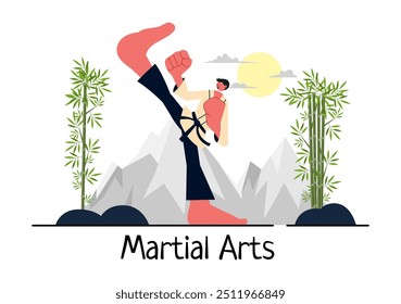 Martial Arts Vektorgrafik mit einem Athleten, der eine High-Kick-Übung macht, Karate übt oder Kampfposen auf ebenem Hintergrund ausführt