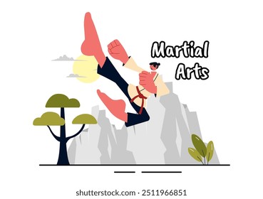 Martial Arts Vektorgrafik mit einem Athleten, der eine High-Kick-Übung macht, Karate übt oder Kampfposen auf ebenem Hintergrund ausführt