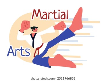 Martial Arts Vector Illustration with an Athlete Doing a High Kick Exercise, Practicing Karate or Performing Fighting Poses in a Flat Background