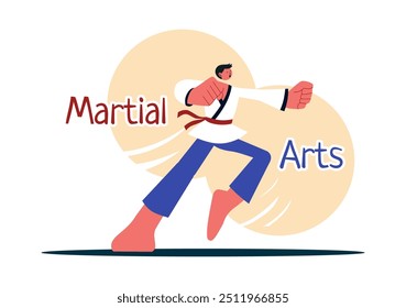 Martial Arts Vektorgrafik mit einem Athleten, der eine High-Kick-Übung macht, Karate übt oder Kampfposen auf ebenem Hintergrund ausführt