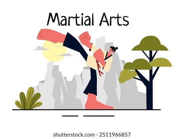 Ilustración vectorial de artes marciales con un atleta haciendo un ejercicio de patada alta, practicando karate o realizando poses de lucha en un fondo plano