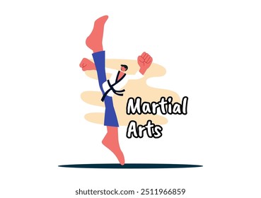 Martial Arts Vektorgrafik mit einem Athleten, der eine High-Kick-Übung macht, Karate übt oder Kampfposen auf ebenem Hintergrund ausführt