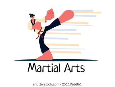 Martial Arts Vector Illustration with an Athlete Doing a High Kick Exercise, Practicing Karate or Performing Fighting Poses in a Flat Background