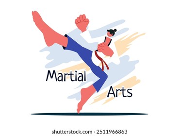 Martial Arts Vector Illustration with an Athlete Doing a High Kick Exercise, Practicing Karate or Performing Fighting Poses in a Flat Background