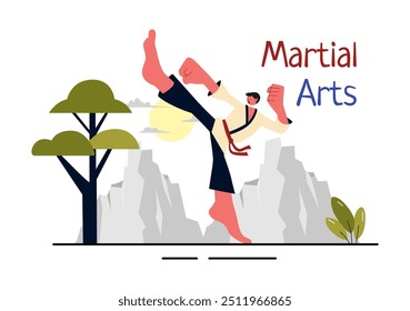 Martial Arts Vektorgrafik mit einem Athleten, der eine High-Kick-Übung macht, Karate übt oder Kampfposen auf ebenem Hintergrund ausführt