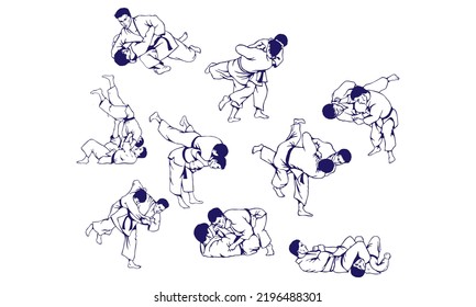 Martial Arts Vector Illustration. Fight Between Two Judo Fighters. Sparring On Training Action. Self Defense. Jiujitsu, Aikido
