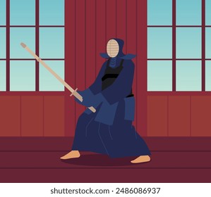 Imagen de Vector de artes marciales. Un personaje kendo en la ropa tradicional japonesa entrena con un shinai con el telón de fondo de un dojo. La ilustración plana refleja la esencia cultural japonesa.