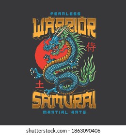 Martial arts vintage colorful badge with japanese fantasy dragon inscriptions and red sun on dark background isolated vector illustration