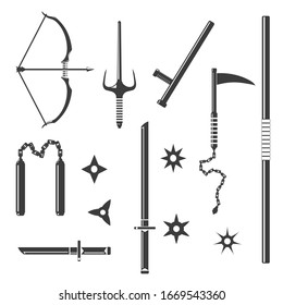 Martial Arts Weapons Black Vector Icon illustration Silhouette Set.