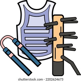 Martial Arts Weapons Vector Icon Design, Sporting Equipment Symbol, Physical Fitness And Wellness Sign, Leisure Activity Stock Illustration, Nunchaku And Body Guard Concept