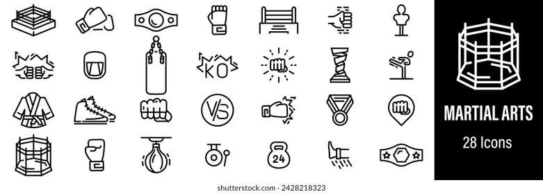 In: Martial Arts Web Icons. Boxen, MMA, Fight Club, Boxerring, Championship Belt. Symbole für Vektorlinien