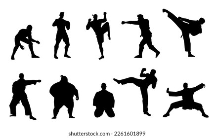 Silhouettes de luchadores marciales. Los personajes de los atletas negros golpean a sus oponentes y cantan, concepto tradicional de artes de lucha. Colección de vectores de la ilustración de caza del atleta