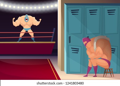 Martial fighting ring. Wrestler fighters lucha libre sport masked vector cartoon background