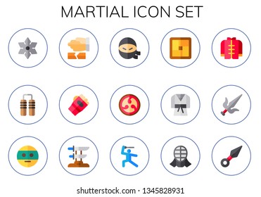 martial icon set. 15 flat martial icons.  Simple modern icons about  - shuriken, nunchaku, martial arts, karate, ninja, kamon, tatami, judo, wushu, katana, kendo, kunai