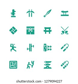 martial icon set. Collection of 16 filled martial icons included Nunchaku, Katana, Aikido, Tatami, Kunai, Tonfa, Martial arts, Fencing, Kusarigama, Wing chun