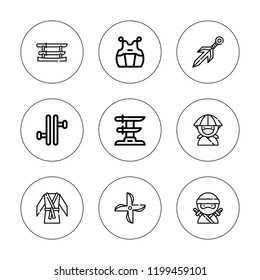 Martial icon set. collection of 9 outline martial icons with katana, kendo, kunai, martial art, ninja, shuriken, tonfa icons. editable icons.