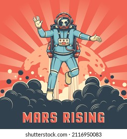 Der Marsastronaut mit Jetpack startet vor dem Hintergrund des Mars. Alien im Raum Anzug Retro-Poster. Vektorgrafik von Vintage.