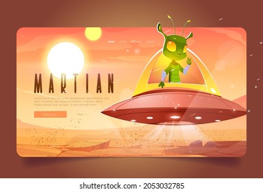 Martian cartoon landing page. Cute alien in ufo on Mars red planet landscape. Extraterrestrial comer with green skin sit in saucer show victory gesture. Fantastic space character, Vector web banner