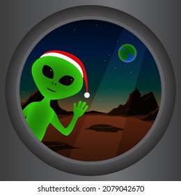 Martian in Christmas hat. New Year on Mars. Vector illustration.
