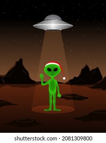 Martian in Christmas hat. New Year on Mars. Vector illustration.