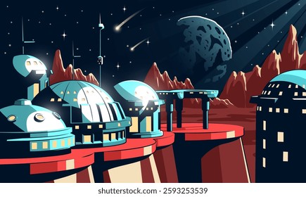 Martian colony showcases advanced architecture with domes and platforms. The night sky is filled with stars and comets, illuminating the scene. Vector retro comics style